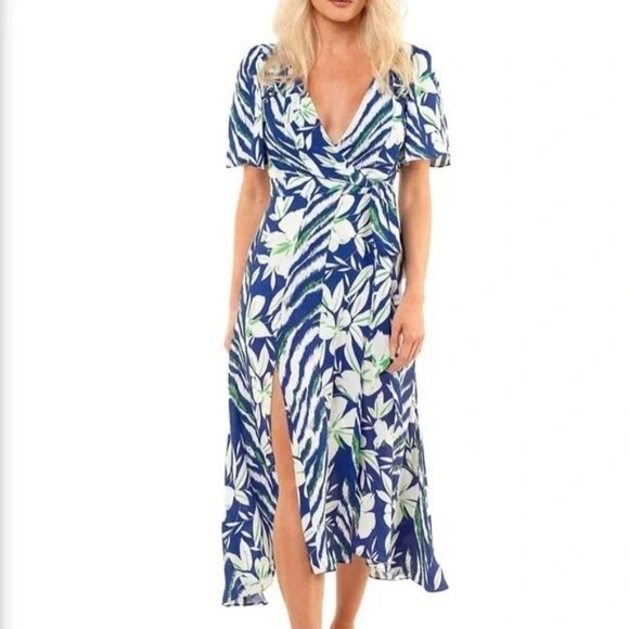 French Connection Blue Diah Wrap Midi Dress Floral Ruffle Short Sleeve Sz 10 - Picture 1 of 7